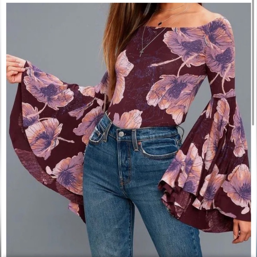 Free People purple bell sleeve off the shoulder top
